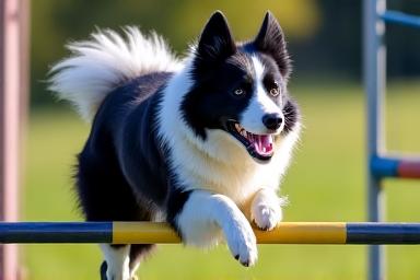 A border collie leaping over an agility jump.
