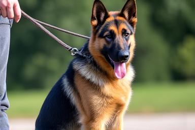 A German Shepherd sitting patiently on a leash next to its owner.