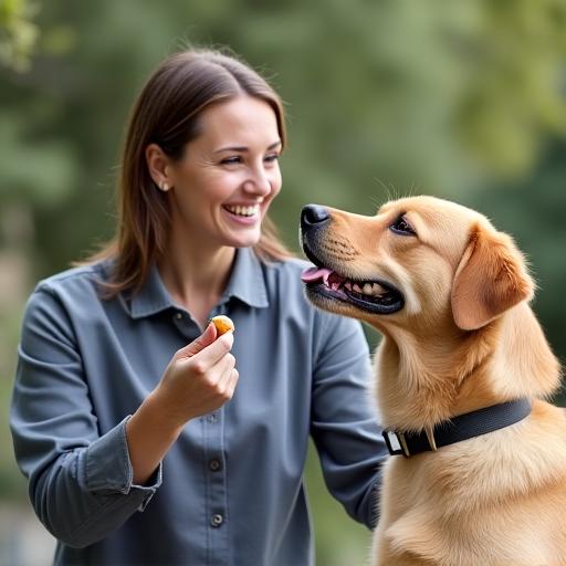 A Canine Compass trainer smiling while giving a treat to a well-behaved dog.